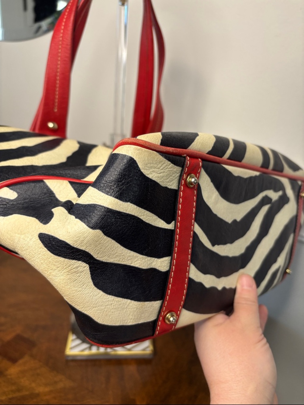 Dooney & Bourke Red Leather Trim Zebra-Print Tote Bag - Picture 13 of 16